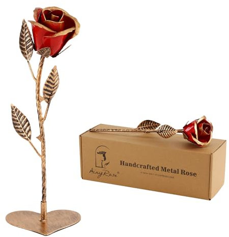 AINYROSE Iron Gifts for Anniversary Metal Rose - Iron Anniversary for Her, Handcrafted Everlasting Rose for Wedding Anniversary, Wedding Gifts Anniversary (Red Iron Anniversary Metal Rose)