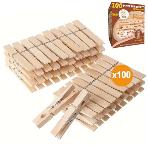 Akitaink Mollette di legno per bucato 100 Pezzi, lunghezza 10 cm con molla in metallo antiruggine (100)