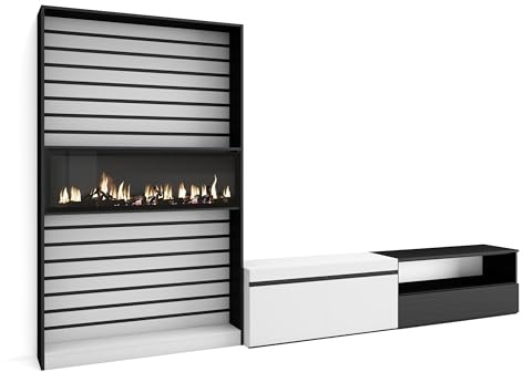 Skraut Home | Ensemble Meuble TV | Meuble Salon Complet | 310x186x35cm | pour Les TV jusqu'à 80 | Cheminée électrique | Style Moderne | Blanc et Noir