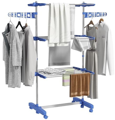 HOMCOM Wäschetrockner Turm Wäscheständer mit Rollen, 3 Ebenen, Klappbarer Standtrockner mit Seitenflügel, Wäscheturm für Indoor, Outdoor, Stahl Blau 80/142 x 55 x 152 cm