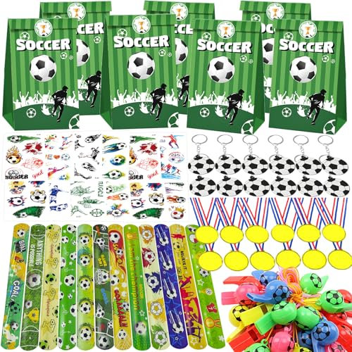 72pcs PQKL-Party Fußball Mitgebsel für Kindergeburtstag - Geschenktüten, Schlüsselanhänger, Medaillen, Trillerpfeife für Jungen