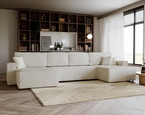 Emporius Ecksofa 375 cm Bergamo U - Schlafsofa, Eckcouch mit Bettkasten - Couch 375 cm U-Form mit Schlaffunktion - Cordstoff Velvet (Beige - Poso 105)