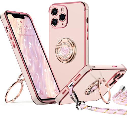 XYZ for iPhone 11 Pro Case with Stand, Heart Lanyard for Girls Women, Luxury Cute Bling Protective Cover for iPhone 11 Pro, Pink