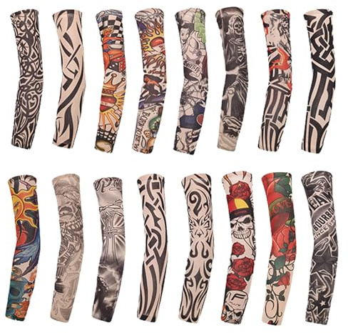Lot de 16 faux manchons de tatouage pour homme et femme avec écran solaire | Manchons élastiques respirants avec protection UV pour tous les âges, parfaits pour la conduite, la randonnée et les