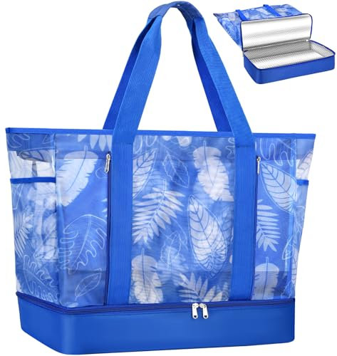 NEWIROVE Bolso Playa Grande XXL Familiar Bolso Playa Mujer Cremallera Bolsa Playa Rejilla con Termica Tote Bag Playa Ligero Bolsa Piscina Multibolsillos Bolsos Grandes Mujer para Viaje Compras