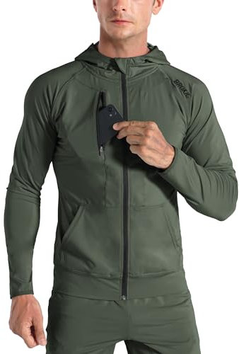 BROKIG Leichte Hoodie Herren,Schnelltrocknende Laufjacke Atmungsaktives Kapuzenpullover Trainingsjacke mit Reißverschluss (Armeegrün,XL)