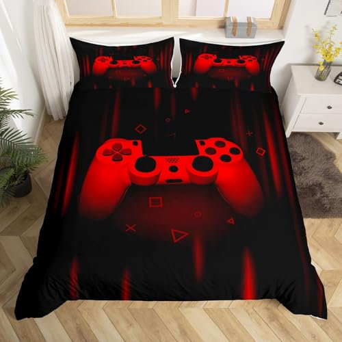 Loussiesd Jungen Spiel Bettwäsche Rot Schwarz Gamer Bettbezug Teen Jungs Gaming Bettwäsche 135x200cm Kinder Sci-Fi-Stil Videospiele Bettbezug Set Spieler Gamepad Bettwäsche Set Microfiber