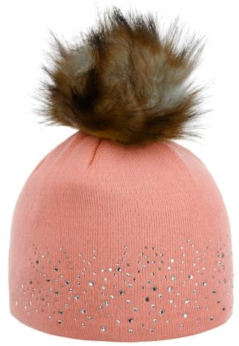 Eisbär Nalin Lux Crystal Beanie Strickmütze Bommelmütze Damenmütze Damen - Made in the EU mit Futter Herbst-Winter Winter - One Size pink