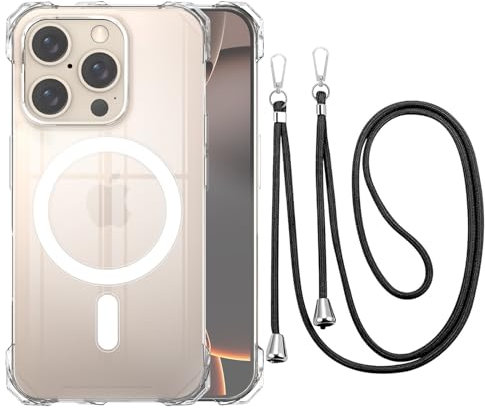 CAROKI Magnetic Crossbody Lanyard Case for iPhone 16 Pro Max,Slim Hard Back with Detachable Adjustable Neck Strap Compatible with MagSafe Durable Stylish Design Phone Cover for iPhone 16 Pro Max-Clear