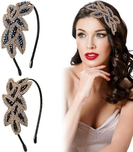 1920s Accessoires de Cheveux, 2 Pièces Années 20 Accessoires Femme Strass Gatsby Vintage Cheveux Valentine Fille Costume Bal de Promo Fête Rétro Cristal Mariage Noir Coiffure