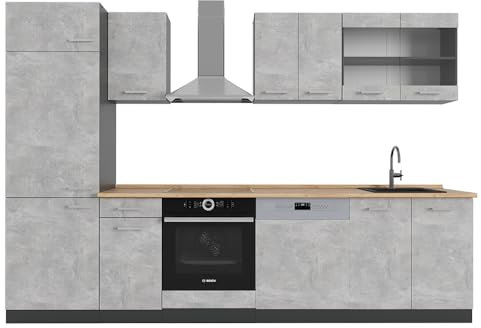 Vicco Küchenzeile R-Line, Küchenblock, Beton/Anthrazit, 300 cm ohne Arbeitsplatte