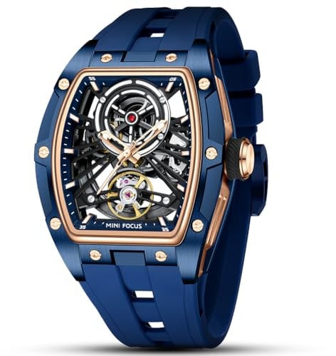 LOYEWAIER Einzigartige Herrenuhren 5 ATM Wasserdicht Automatische Mechanische Uhr Luxuriöse Skelett-Tonneau-Uhren Für Herren Mit Edelstahlgehäuse Und Silikonband (B-Blaugold)