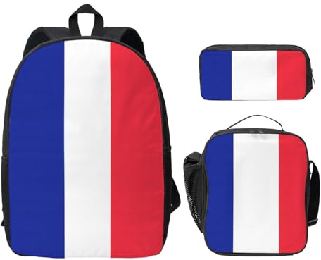 JIUTY Mochila con bandera de Francia con lonchera y lápiz para viajes diarios, Negro, Talla única