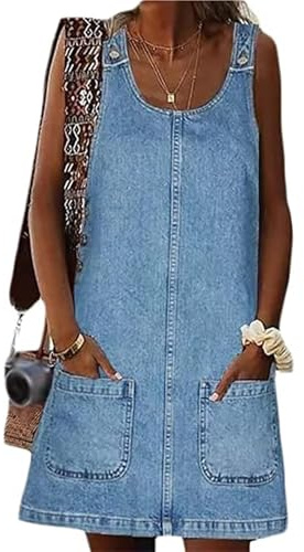 Sawmew Robe en jean pour femme, sans manches courte en jean robe salopette d'été couleur unie décontractée pour loisirs(M)