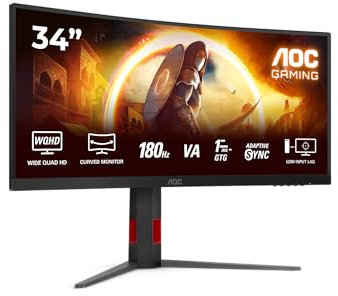 AOC Gaming CU34G4 - Moniteur Quad HD 34 Pouces, 180 Hz, 1 ms, FreeSync Prem., HDR10 (2560x1440, 1x HDMI 2.0, 1x DisplayPort 1.4) Noir-Rot