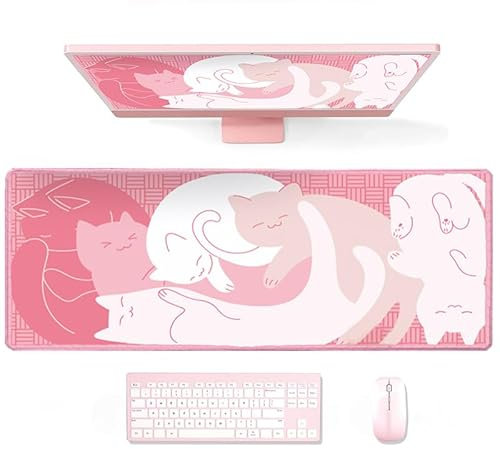 Uniqcasa Gaming Mouse Pad XL Extended Anime Mouse Pad 31.5x11.8 inch, Large Cute Kawaii Big Computer Mouse Mat Desk Pad with Non-Slip Rubber Base and Stitched Edge for Home Office-Pink Cat