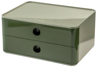 HAN Schubladenbox Allison SMART-BOX mit 2 Schubladen und Trennwand, Kabelführung, stapelbar, Utensilienbox für Büro, Schreibtisch Küche, möbelschonende Gummifüße, 1120-40, hochglänzed grün