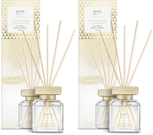 ipuro - Essentials Raumduft TIME TO GLOW 100ml / Raumerfrischer mit exotischem Kaschmirholz & Tonkabohne, orientalisches Blumiges Duft Aroma/Diffuser mit Stäbchen/Lufterfrischer für die Wohnung