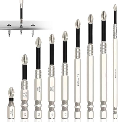 Azttior Hochmagnetischer Schraubendreher-Bohrer-Bit-Satz (9 Stück), PH2 Magnetic Screwdriver Drill Bit Set, Bit Magnetisch Schraubendreher Satz für Elektrobohrer; Anti-Rutsch Phillips Bits 25-150mm