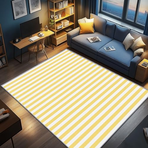 AevuCub Gelb Weiß Deko, Streifen Teppich 120x170 Kurzflor, Teppich Wohnzimmer Gestreift, Weich rutschfest Waschbare Teppiche, Bettvorleger Schlafzimmer Kinderzimmer