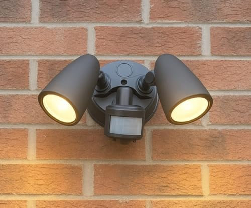 CGC Lighting Applique murale d'extérieur noire à double projecteur LED, 2 spots de sécurité réglables pour garage et abri de jardin Éclairage (Noir PIR)