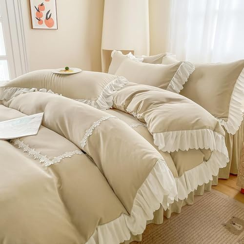 Guchuang Bedding Beige Ruffle King Size Duvet Cover Set, Beige Ruffle & Flower Design 3-Piece Bedding Set - Soft Microfiber, Wrinkle-Resistant Duvet Cover with Hidden Zipper (King, 220x230cm)