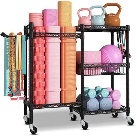 3-Tier Heavy-Duty Carbon Steel Gym Storage Rack with Lockable Wheels & Hooks – Fitness Organizer for Dumbbells, Yoga Mats, Kettlebells & Resistance Bands – 91.5×30×82.5cm, 120KG Load for Home Gym