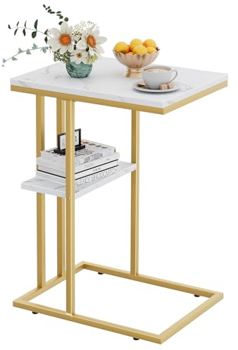 Katrawu C Shaped End Side Table, Couch Sofa Table for Bed, Gold Snack Table with Metal Frame, TV Tray Table for Small Space, Living Room, Bedroom, Bedside(White Marble)