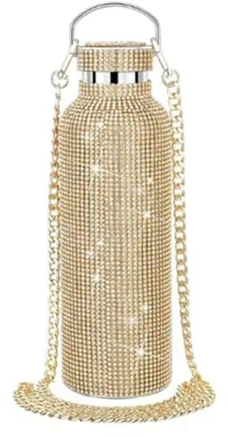 Flaroey Bouteille d'eau en Acier Inoxydable Diamant Portable Paillettes Strass Bouteille d'eau Bandoulière Bling Flacon Thermique 600 ML D