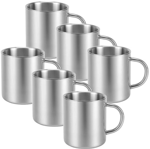 KOHAND 6 PCS 300ml Stainless Steel Double Wall Mug, Metal Coffee Tea Cup Camping Mug with Handle for Milk Coffee Juice Tea, Silver