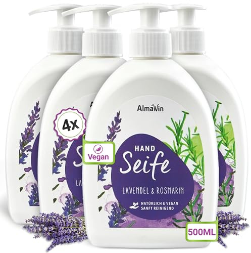 AlmaWin® Handseife flüssig mit Lavendel-Rosmarin-Duft [4x 500ml] - Flüssigseife für sanfte Handreinigung - Flüssig Seife im praktischen Spender - Hand Wash - Natürlich, Hautmild & VEGAN
