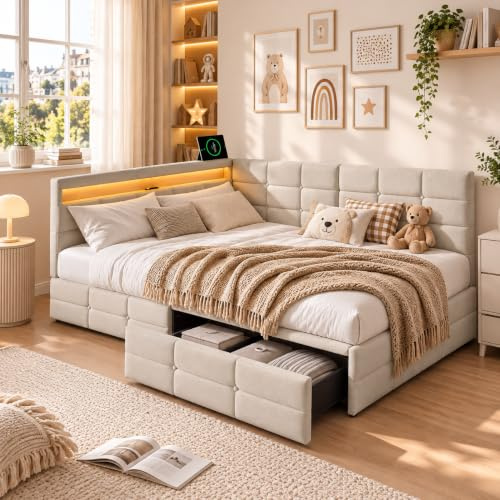 Polsterbett Schlafsofa 140x200,Doppelbett mit Hydraulischem Stauraum mit 2 Schubladen,Polsterbett mit LED-Licht und USB-Ladefunktion,Tagesbett Jugendbett mit Lattenrost,Leinen (Beige-6,140x200)