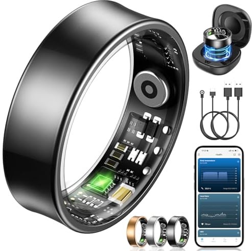 NAIXUES Smart Ring Herren Damen, Fitness Ring Tracker mit Gestensteuerung, Herzfrequenz(HRV), SpO2, Schlaftracker, 170+ Sportmodi 5ATM Wasserdicht Smartring für Android und iOS, Size 13, Schwarz