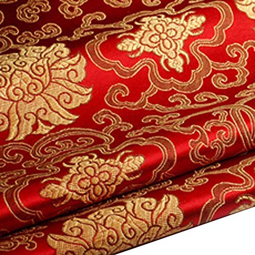 YM YOUMU Tissu en Satin Soyeux Chinois à Fleurs Brodées pour Courtepointe (Rouge, Vendu au Mètre)