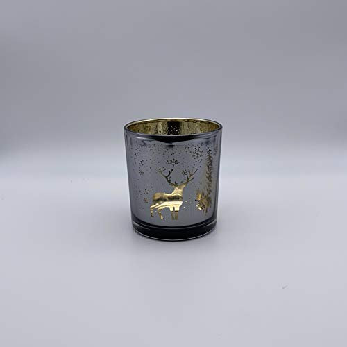 Decoris Teelichthalter Glas mit Motiv Hirsch im Wald 8 cm Winterlandschaft Teelichtgläser grau Gold // Kaemingk Weihnachtliches Teelichtglas Hirsch/Baum