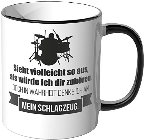 JUNIWORDS Tasse - Ich denke an Schlagzeug - Wähle Motiv & Farbe - Schwarz