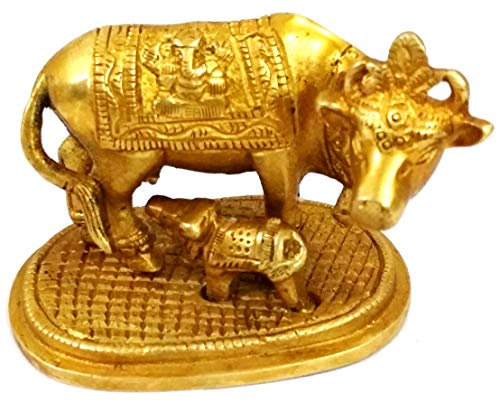 Purpledip Brass Idol Kamdhenu Cow with Calf : Golden Statue for Home Temple (11785)