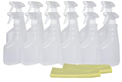 Botella pulverizador vaporizador de plástico. 750 ml. Rellenable para jardín, limpieza, industria, hogar y profesional. Resistente productos químicos. (12 Unidades+2 Bayetas, Traslúcido)