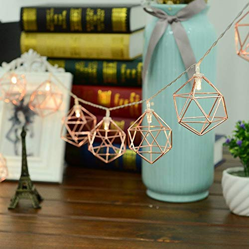Wankd Vintage Lampenschirm Lichterketten, 1,5M 10 LEDs Rosé Gold Metall Polygon Laterne Käfig Geometrisches Lichter Batteriebetriebene für Home Patio Garten Hochzeit(Warmweiß)