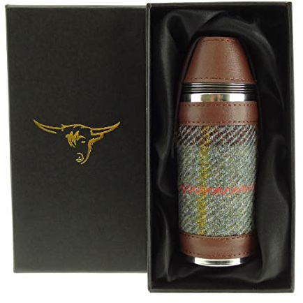 KWH Harris Tweed Green Brown 8oz Stainless Steel Hunting Flask, Includes 4 Tot Cups, Gift Box