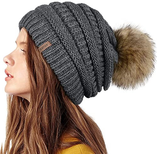 FURTALK Beaniemütze für Frauen Slouch Style Warme Wintermütze mit Kunstpelz Bommel