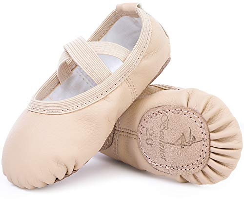 Ballettschuhe aus Leder Ballettschläppchen Tanzschuhe Gymnastikschuh mit Geteilte Ledersohle für Kinder Damen Beige 28