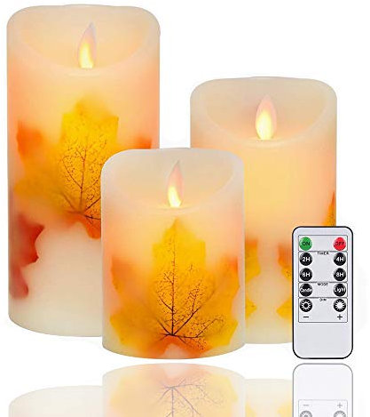 AVEKI LED Maple Leaf Candle Lights, 3 Pack Warm White Flameless Battery Operated Electric LED Moving Wick Flickering Candle Lights with Remote Control Timer for Decoration, Wedding (Maple Leaf)