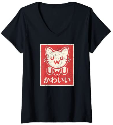 Damen Retro Vintage Japanese UwU Cat Poster - Cute Kawaii Kitten T-Shirt mit V-Ausschnitt