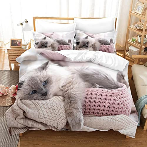 MIQEBX Nettes Katze Bettwäsche Set 200x200cm für Mädchen Jungen Kinder 3D Haustier Katze Mikrofaser Braun Bettbezug Set Lustige tierbedruckte Betten Set Kinderzimmer Dekor