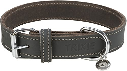 TRIXIE Rustic Halsband Leder Größe M–L: Halsumfang 42–48 cm/25 mm in grau - genähtes Lederhalsband für mittelgroße bis große Hunde, in klassischem Design, schonendes Anleinen, 19049