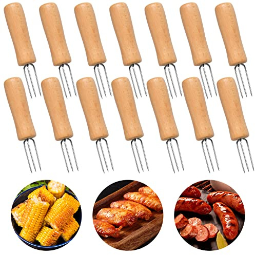 Elesunory Fourchette à maïs - Lot de 14 supports en acier inoxydable avec poignée en bois - Beige - Portable, facile à nettoyer, sans BPA
