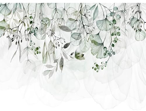 decomonkey - Papier Peint Panoramique Adhésif Plantes 343x256 cm - Stickers Muraux Salon Chambre Déco XXL Autocollant Murale Bureau - Vert gris blanc - Fleurs feuilles nature plantes vert