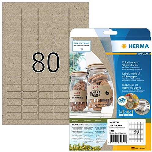 HERMA 10751 Universal Etiketten aus Graspapier, 20 Blatt, 35,6 x 16,9 mm, 80 pro A4 Bogen, 1600 Stück, selbstklebend, bedruckbar, matt, blanko Silphie-Papier Klebeetiketten Aufkleber, natur-braun