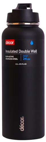 Décor Flip Active 1.1L Stainless Steel Water Bottle with Straw - Double Wall Thermal Water Bottle Easy Refill - Metal Flask with Screw Top Cap. Keep Your Drinks Cool for 24 Hours. BPA Free - Black.